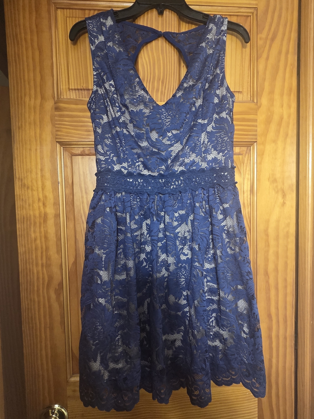 Soieblu Navy Blue Lace Midi Dress with Keyhole Back